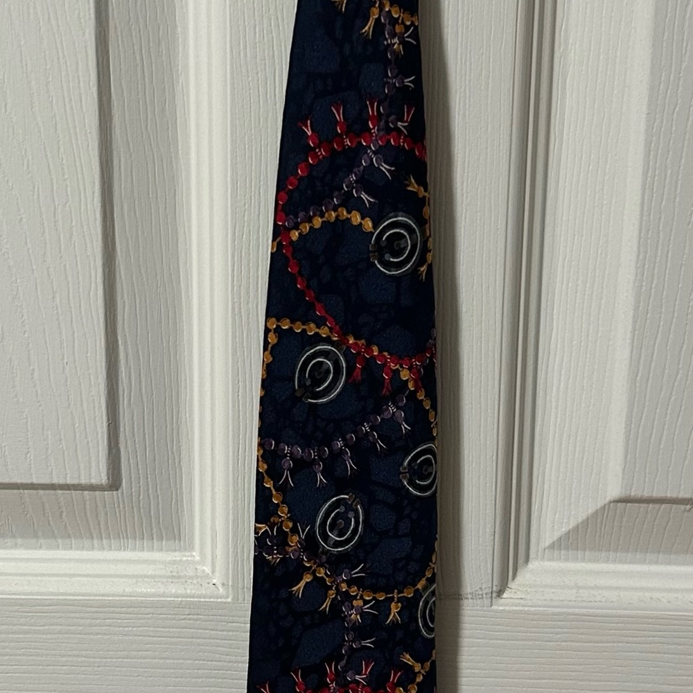 Christian Dior Navy Tie with Red and Yellow Accents